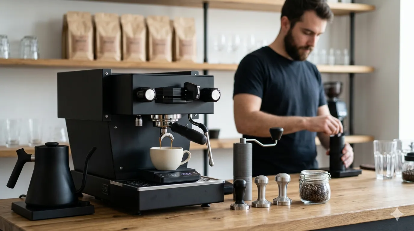 Barista preparando espresso en cafetera profesional