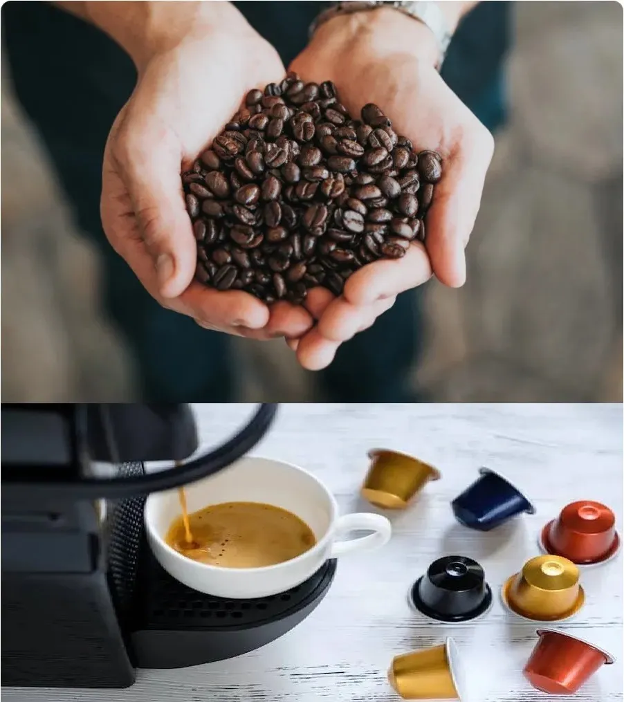 Café en grano vs cápsulas - Manos con granos de café y máquina de cápsulas con espresso