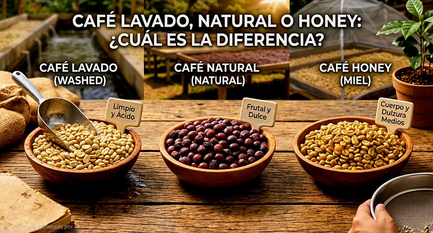 Comparación visual de cerezas de café lavado, natural y honey