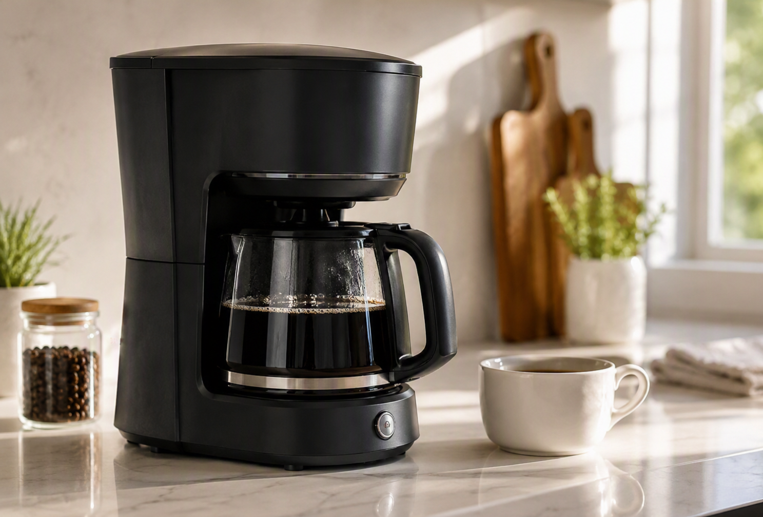 Comparativa de las mejores cafeteras de goteo sobre una encimera de cocina moderna con tazas de café recién preparado