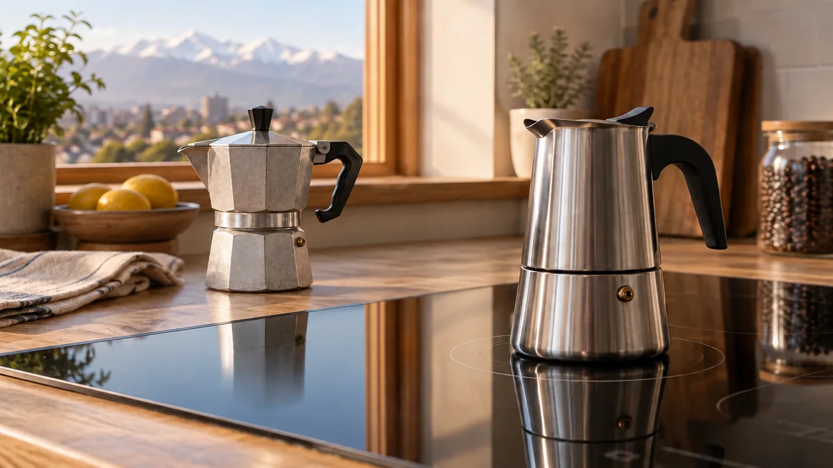 Cafetera Moka octagonal de aluminio y cafetera Moka de acero sobre una cocina de inducción