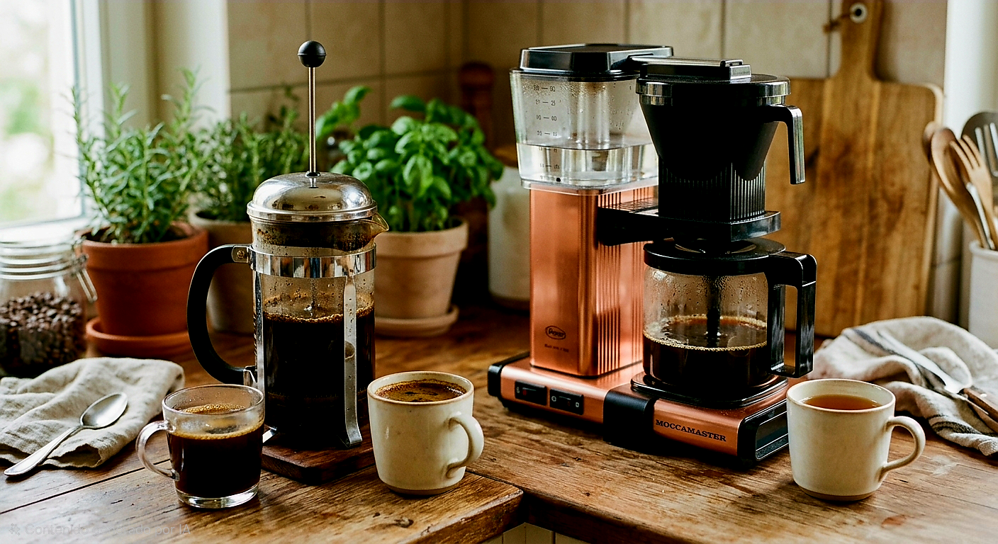 Una prensa francesa junto a una cafetera de goteo sobre una mesa