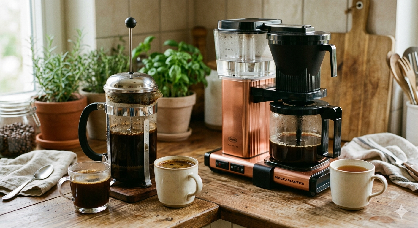 Una prensa francesa junto a una cafetera de goteo sobre una mesa